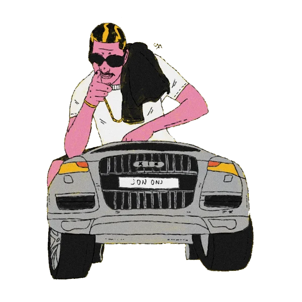 Jon Onj on a car